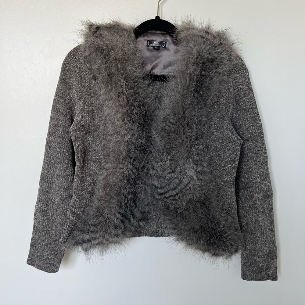 Vintage mob wife style knit cardigan with faux fur collar